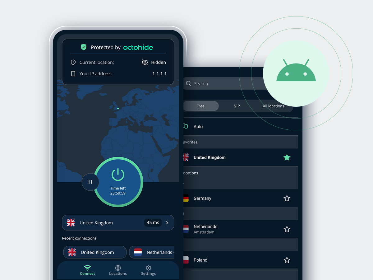 Octohide VPN app screens
